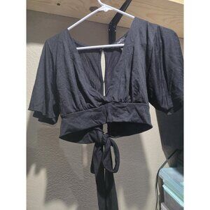 Rue 21 Black Y2K Crop Top Tie Waist Low Cut Women's Medium Short Sleeve